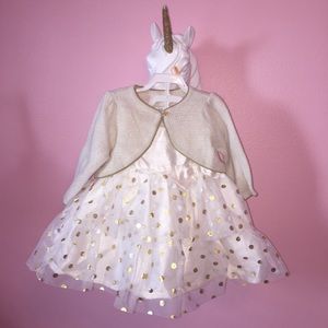 Ivory holiday dress and sweater w Gold polka dots